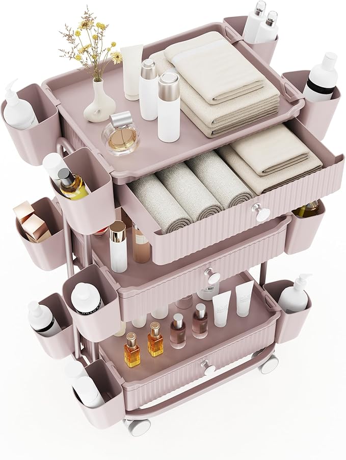 3 Tier Drawer Beauty Cart with 12 Movable Storage Organizer, Thickened ABS & 360° Wheels for Salon Station for Hair Stylist, Beauty Salon, Spa Massage Parlor, Makeup Organizer and More - Pink