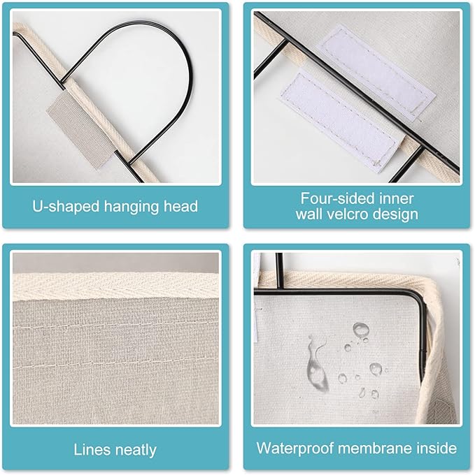 Surblue Wall Hanging Storage Bag with Sticky Hook, Closet Hanging Storage for Pocket, Bathroom Dormitory Organizer Bag, Linen Cotton Organizer Box Containers for Bedroom(Grey)
