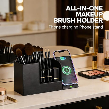 LADSTAG Makeup Brush Holder Organizer, Leather Makeup Brush Cup with Phone Charging Stand for Cosmetics, Nail Polish, Lipstick & Art Supplies Vanity Desktop Bathroom Organizer