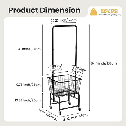 Rolling Laundry Cart with Wheels, Laundry Hamper Basket Organizer with Clothes Hanging Rack, Wire Storage Cloth Shelf Butler, Black