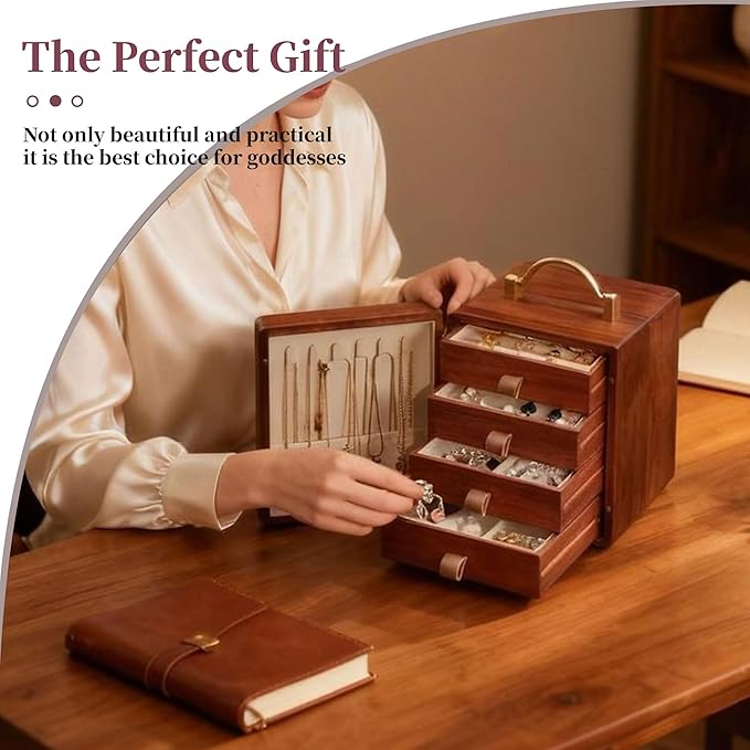 Wooden Jewelry Box for Women Walnut Wooden Jewelry Box with handle 4-Tier Jewelry Organizer for Rings, Necklaces