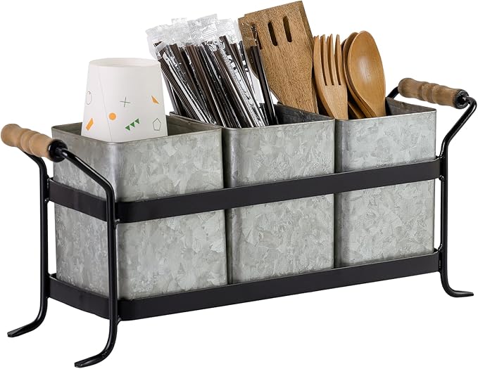 Silverware Caddy for Party Kitchen Flatware Holder for Countertop Farmhouse Galvanized Cutlery Organizer with 3 Compartments for Utensils, Spoons, Knives, Forks, Cups