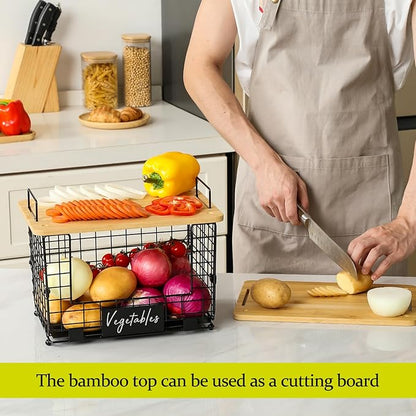 2 Set XL Stackable Wire Basket with Bamboo Tops & Tags- Pantry Organizer and Storage Bins, Kitchen Counter Cabinet Shelf Countertop Under Sink Organizing, Food Snack Produce Onion Potato Bread Storage