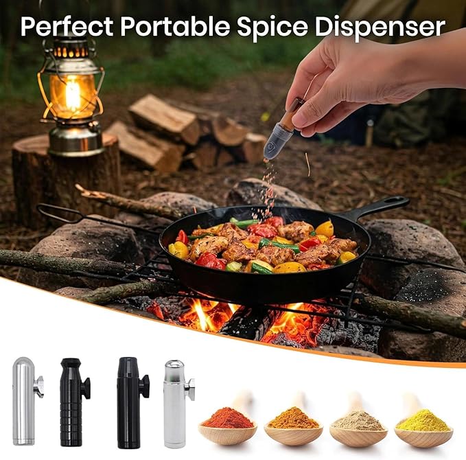 Kitchen Spice Dispenser Set with Pouch – 12Pcs Stainless Steel Spice Jars Airtight, Mini Funnel & Spoon for Camping BBQ Cooking, Space-Saving Seasoning Organizer for Home & Travel (Black)