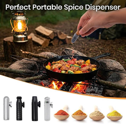Kitchen Spice Dispenser Set with Pouch – 12Pcs Stainless Steel Spice Jars Airtight, Mini Funnel & Spoon for Camping BBQ Cooking, Space-Saving Seasoning Organizer for Home & Travel (Black)