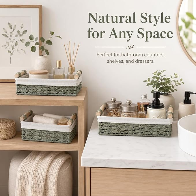 Green Wicker Bathroom Baskets Set of 2 with Linen Liner & Wooden Handles – Sage Green Paper Rope Storage Baskets for Shelves, Bathroom Counter & Spa Décor