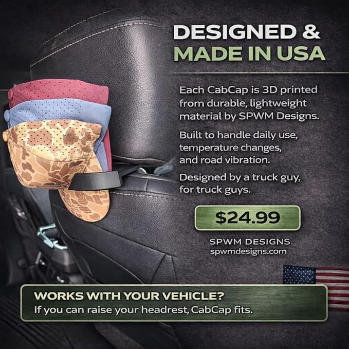CabCap Headrest Hat Holder for Trucks and Cars — Patent Pending — Universal Baseball Cap Rack, Mounts Behind Seat Headrest, Holds Up to 5 Hats, No Tools Required, Made in USA