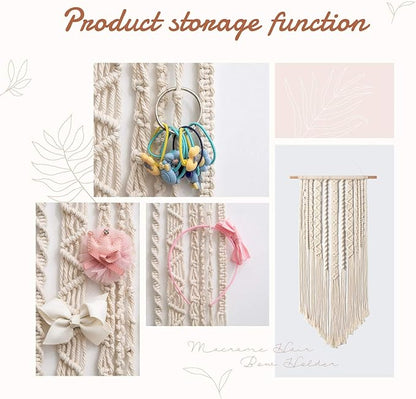 Mkono Macrame Bow Holder Hanging Hair Bow Organizer for Girls Hair Bows,Boho Wall Hair Clips Headband Storage Hanger for Baby Toddler Girls Room, Ivory (Clips and Other Props Not Included)