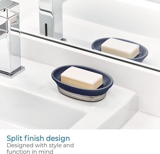 iDesign Ceramic and Steel Bar Holder, The York Collection Soap Dish, Matte Navy/Brushed Nickel