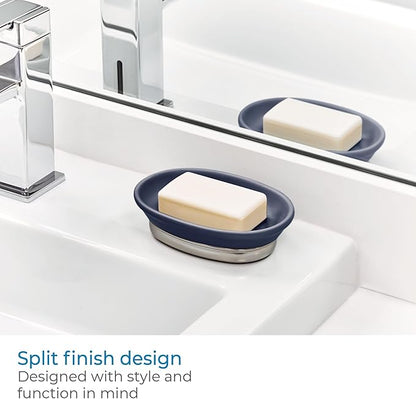 iDesign Ceramic and Steel Bar Holder, The York Collection Soap Dish, Matte Navy/Brushed Nickel