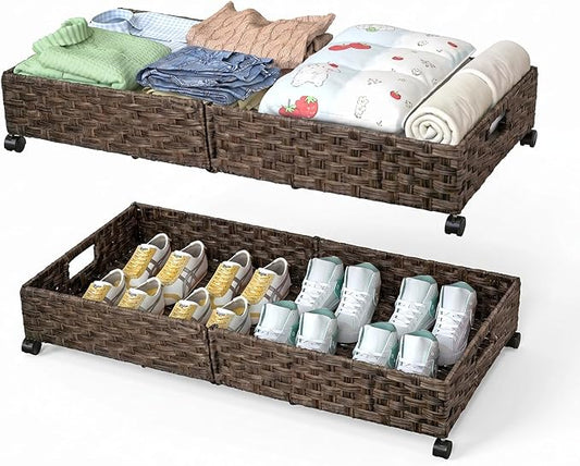 2 Pack Under Bed Storage with Wheels, 40L Large Under Bed Storage Containers with Handwoven Rattan , Rolling Underbed Organizer Bins Drawers for Clothes, Shoes, Blankets, Brown(31.5 x 15.75 x 6.3 In)