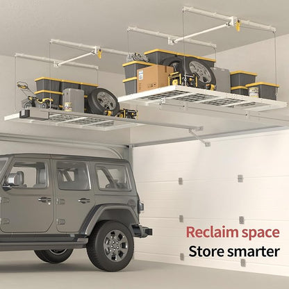 Garage Ceiling Storage Racks – 4x8 FT Overhead Garage Storage Rack with Safety Lock, Heavy-Duty Ceiling Mounted Lift System and Storage Organizer, Ideal for Maximizing Overhead Space, 325 lbs Capacity