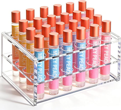 Acrylic Rollerball Perfume Organizer, 24 Holes mini fragrances Holder, Travel Perfume Vial and Tall Scented Oil Storage Display Rack