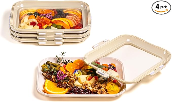 Crudités | Portable Snack Tray | Rectangle 4-Pack | Cream White | Reversible Stretch Lid Food Containers | BPA-Free, Freezer & Dishwasher Safe | Meal-Prep, Charcuterie, Salads, Picnic, Travel