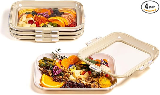 Crudités | Portable Snack Tray | Rectangle 4-Pack | Cream White | Reversible Stretch Lid Food Containers | BPA-Free, Freezer & Dishwasher Safe | Meal-Prep, Charcuterie, Salads, Picnic, Travel
