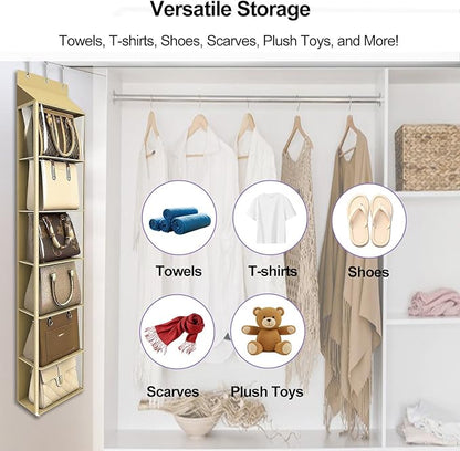 Lirex Over The Door Purse Organizer & Purse Shelf for Closet – Handbag Storage Organizer with Purse Hanger. Perfect for Scarves, Hats, and Leggings. L (15.7'' x 5.7'' x 68''), Khaki