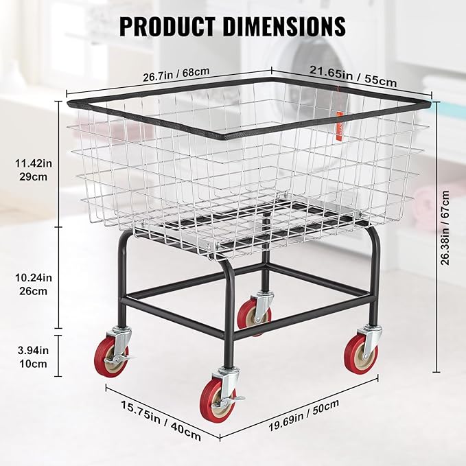 VEVOR Wire Laundry Cart, 2.8Bushel Wire Laundry Basket with Wheels, 26.7''x21.7''x26.4'' Commercial Basket Cart, Steel Frame with Chrome Finish, 4" Casters