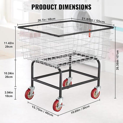 VEVOR Wire Laundry Cart, 2.8Bushel Wire Laundry Basket with Wheels, 26.7''x21.7''x26.4'' Commercial Basket Cart, Steel Frame with Chrome Finish, 4" Casters