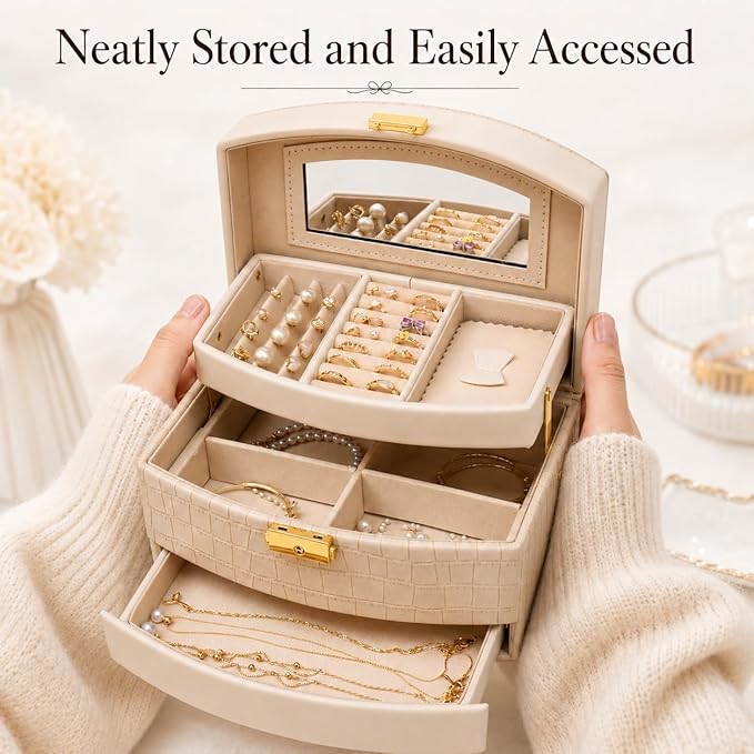 Elegant 3 Layer Lockable Jewelry Box for Women – Mirrored Jewelry Organizer with Key & Drawer, Travel Friendly PU Leather Storage Case,Gift for Wife, Mom, Daughter (off-white)
