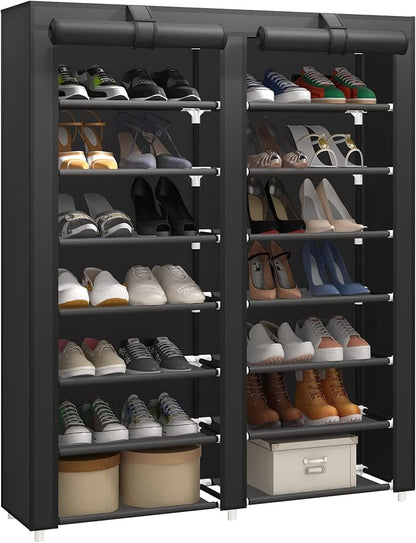 JIUYOTREE 7-Tier Shoe Storage Organizer with Dustproof Cover - Closet Cabinet Shelf Holds up to 28 Pairs - For Doorway, Corridor, Balcony, Living Room - Black