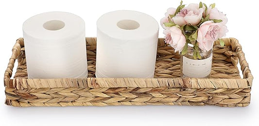Sumnacon Bathroom Tray for Counter 16.9 Inch Water Hyacinth Bathroom Tray Over Toilet,Wicker Toilet Tank Tray Organizer Decorative Tray for Bathroom Toilet Vainty Kitchen Shelf Dining Table Desk