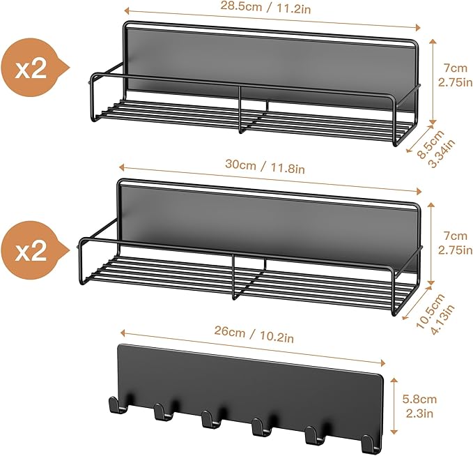 Mystozer 5 Pack Moveable Magnetic Spice Rack Organizer With 6 Hooks for Refrigerator, Metal Fridge Shelf Magnetic Basket for Fridge Kitchen Spice Organizer (Black)