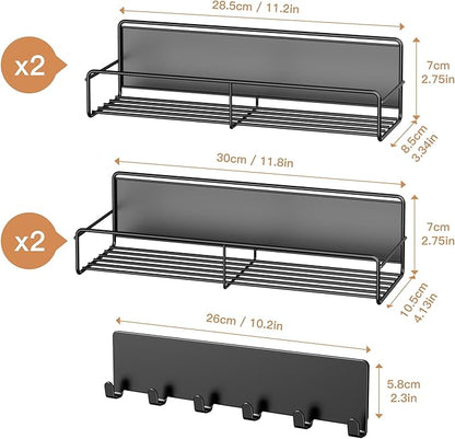 Mystozer 5 Pack Moveable Magnetic Spice Rack Organizer With 6 Hooks for Refrigerator, Metal Fridge Shelf Magnetic Basket for Fridge Kitchen Spice Organizer (Black)