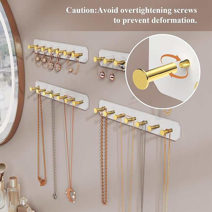 NiHome 4-Pack Wall Mount Acrylic Jewelry Storage for Necklaces, Bracelets, Earrings, Accessories, Easy Installation for Vanity, Bathroom, Kitchen (White)