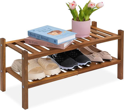VICTORY RELAX Natural Acacia Wood 2-Tier Folding Shoe Rack – Space-Saving Wooden Shoe Organizer Shelf for Entryway, Hallway, Mudroom, or Closet – Compact Indoor Storage for Footwear & More