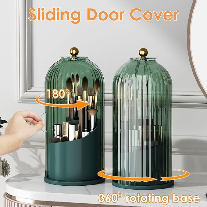 YOOLENS Makeup Brush Holder with Lid 360 Rotating Clear Dustproof Make Up Organizers for Vanity Bathroom Countertop, Green