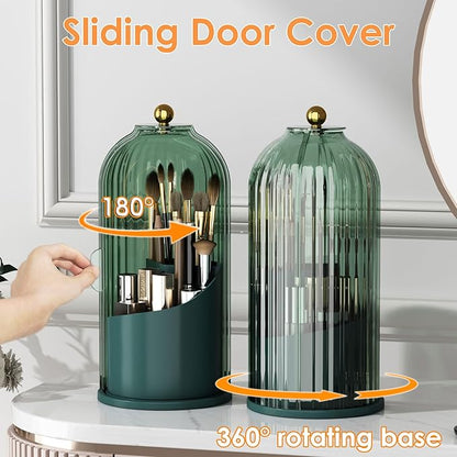 YOOLENS Makeup Brush Holder with Lid 360 Rotating Clear Dustproof Make Up Organizers for Vanity Bathroom Countertop, Green