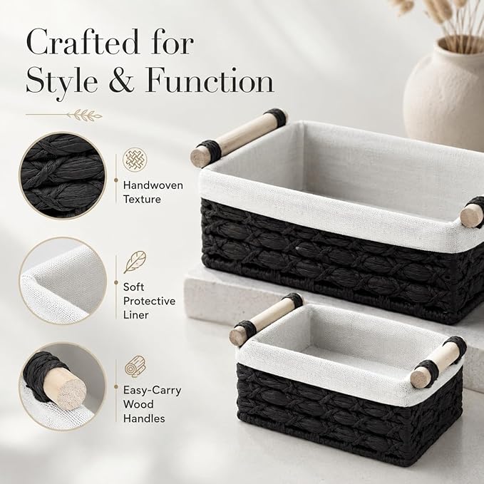 Black Wicker Bathroom Baskets Set of 2 with Linen Liner & Wooden Handles – Black Paper Rope Storage Baskets for Shelves, Bathroom Counter & Modern Décor