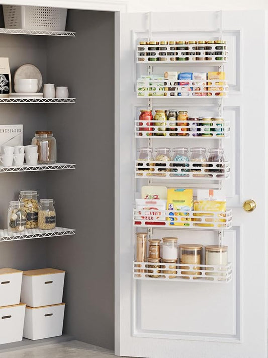 Over the Door Pantry Organizer - 6 Tier Adjustable Pantry Organization and Storage, Hanging Basket Wall Seasoning Shelves, Home & Kitchen Bedroom Bathroom, White