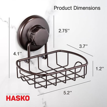 HASKO 2 Pack Suction Cup Soap Dish for Shower Wall, Rustproof Stainless Steel, Shower Soap Holder with Hooks, Includes Optional No Drill Adhesive Mount for Bathroom, 2 Soap Savers, Bronze