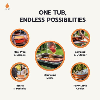 Drip EZ Collapsible BBQ Prep Tubs 3-Piece Set- For Meal Prep Marinating Food Storage - Includes Cutting Board & Lid - (1) JR + (1) OG + (1) XL - Black
