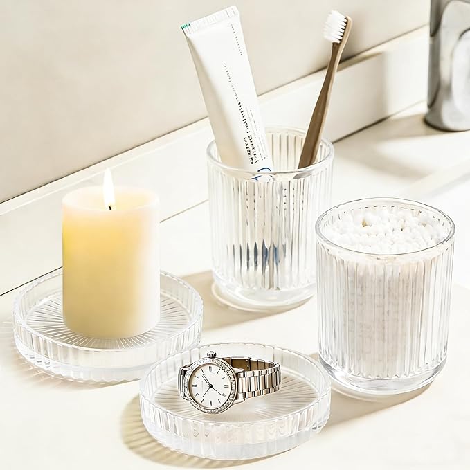 Glass Qtip Dispenser 2 Pack, Clear Bathroom Storage Organizer for Cotton Swabs, Balls, Pads & Floss Picks, Vanity Makeup Essential Accessories (Clear)