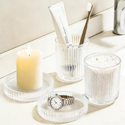 Glass Qtip Dispenser 2 Pack, Clear Bathroom Storage Organizer for Cotton Swabs, Balls, Pads & Floss Picks, Vanity Makeup Essential Accessories (Clear)