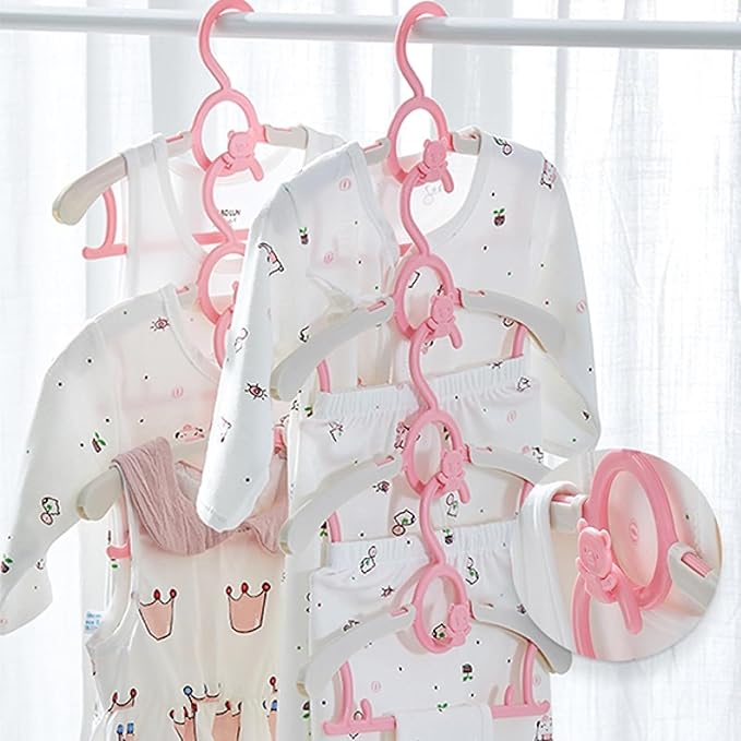 HGYZE Kid Hangers for Closet 50pcs, Pink Infant Clothes Hanger 11-14" Adjustable Plastic Baby Coat Perchas with Bear Hook, Non-Slip Children Outfit Hangars for Boy Toddler Newborn Teen Clothing