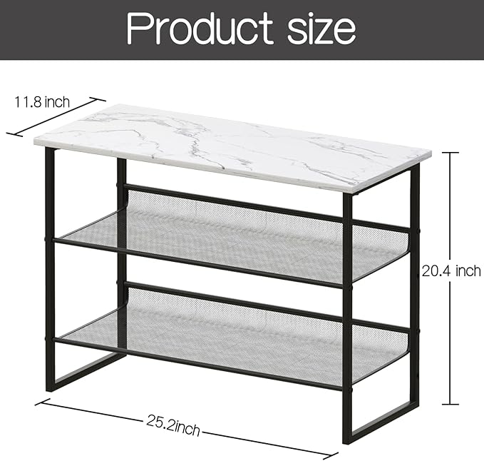 Garden 4 you Shoe Rack for Entryway 3 Tiers 11.8" D x 25" W x 20" H, Metal Shoe Rocks with White Wooden Tabletop, Angled Shoes Rack with Adjustable Mesh Shelves for Entryway Hallway Closet
