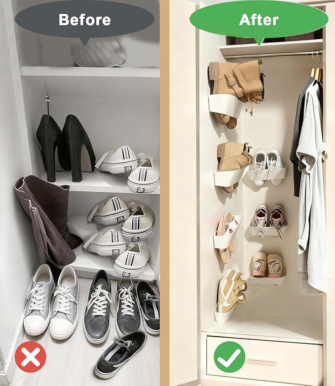 Wall Mounted Shoe Rack, Adhesive & Drill Mount Hanging Shoe Organizer, Plastic Shoe Storage for RV, Camper, Closet & Door, Patent Protected, Patent Protected, White-6Pack