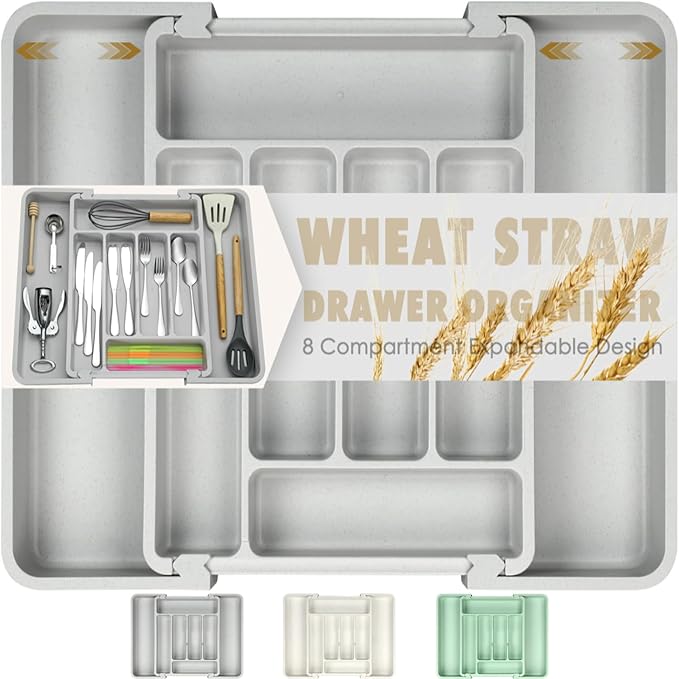 FANCILLA Heavy Duty Silverware Organizer for Kitchen Drawer & Utensils - Wheat Straw Large Adjustable Utensil Drawer Organizer, BPA-Free Flatware Tray, Dishwasher Safe, 6-8 Wider Slots (Gray)