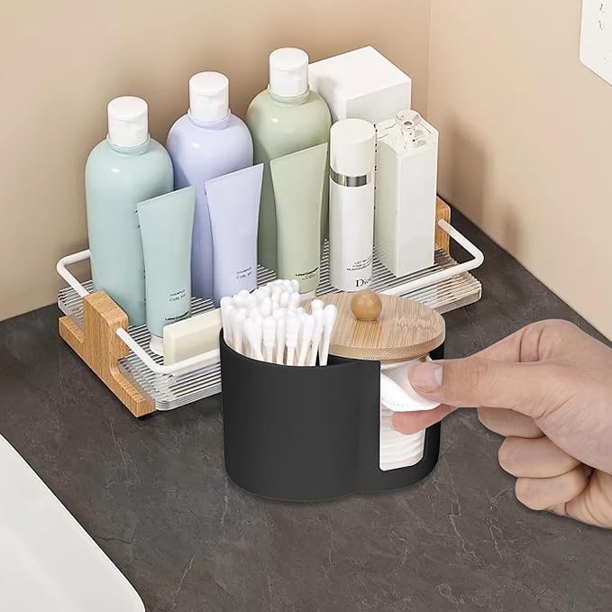 Adorila Compact Cotton Pad & Swab Holder with Bamboo Lid, Dust-Free Space-Saving Bathroom Vanity Organizer for Floss (Black)