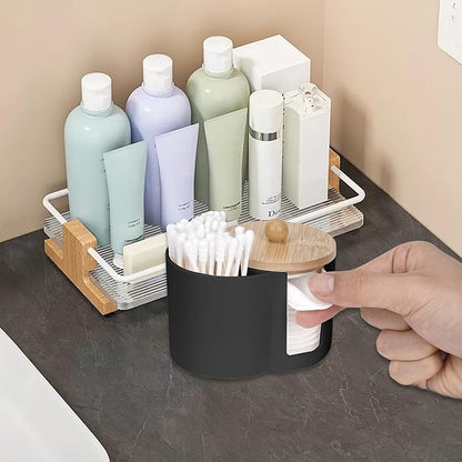 Adorila Compact Cotton Pad & Swab Holder with Bamboo Lid, Dust-Free Space-Saving Bathroom Vanity Organizer for Floss (Black)