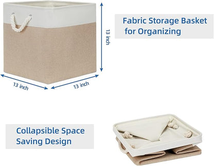 Temary Cube Storage Baskets 4 Pack 13x13 Fabric Cube Storage Bins for Clothes, Large Baskets Boxes with Handles, Canvas Basket for Organizing Towels, Collapsible Storage Bins (White&&Khaki)