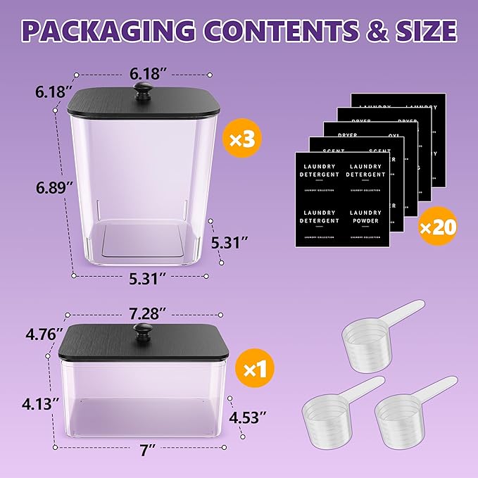 4 Pack Laundry Pods Container, Clear Laundry Room Organization Containers Essentials, Large Detergent Powder Storage Containers Black Wooden Lids & Labels Signs, Home Acrylic Laundry Pods Holder
