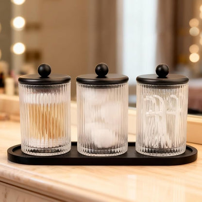 SheeChung 3-Pack Qtip Holder, Apothecary Jars with Bamboo Tray - Modern Industrial Bathroom Organizer Set for Cotton Rounds, Swabs & Flossers - Minimalist Vanity Storage Canister (Matte Black Glass)