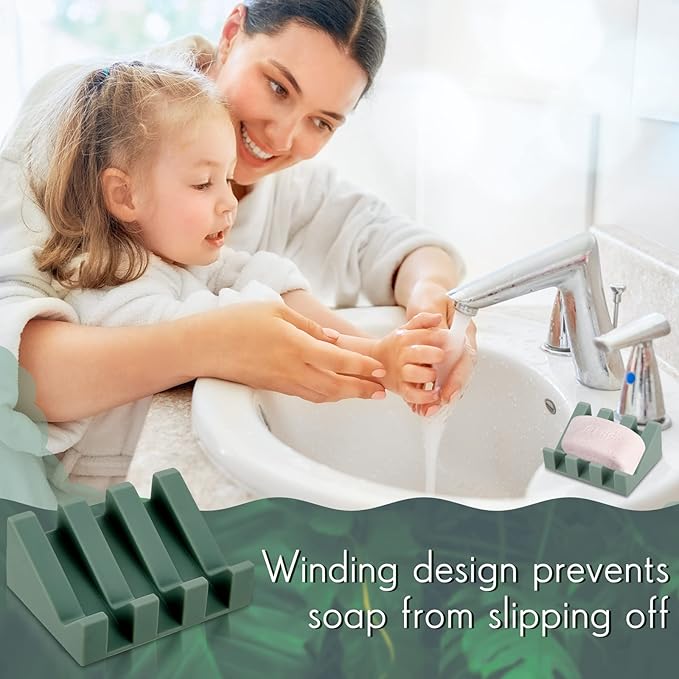 Cunhill 2 Pieces Silicone Soap Dish Self Draining Soap Dish Shower Waterfall Bar Soap Holder Tray with Drain Soap Saver for Kitchen Bathroom Accessories (Light Green,Bright White)