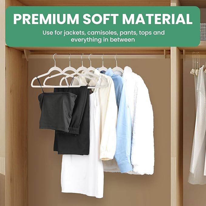 InfiniPower 50 Pack Velvet Hangers, Heavy Duty Non-Slip Clothes Hangers with Shoulder Notches, Coat Suit Hangers with 360° Swivel Hooks, White