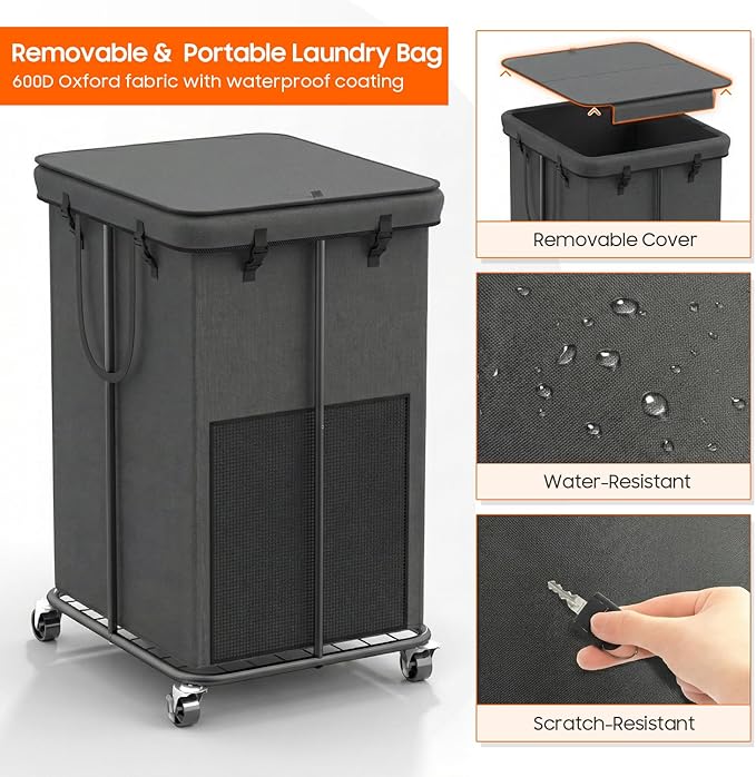 160L Laundry Hamper with Lid, Rolling Laundry Basket with Wheels, Large & Tall Dirty Clothes Hamper with Metal Frame and Removable Bag for Bedroom Aesthetic, Laundry Room, Bathroom, Dorm-Dark Gray