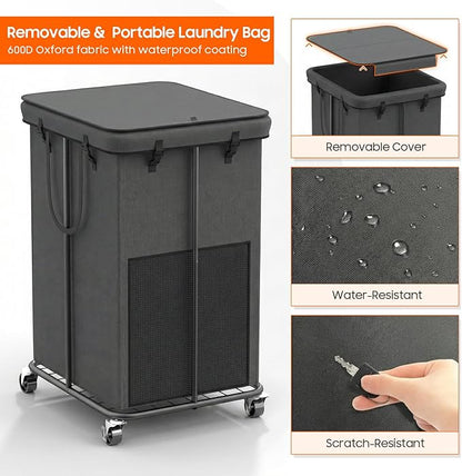 160L Laundry Hamper with Lid, Rolling Laundry Basket with Wheels, Large & Tall Dirty Clothes Hamper with Metal Frame and Removable Bag for Bedroom Aesthetic, Laundry Room, Bathroom, Dorm-Dark Gray
